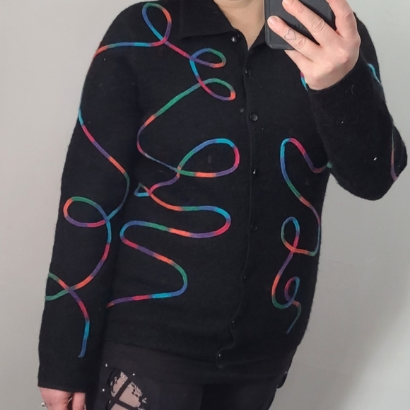 Vintage Jackets & Blazers - Vintage 90s Black Neon Abstract Artsy Wool Jacket Oversized Small